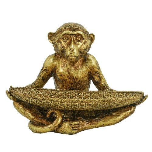 Whimsical monkey-shaped tray for organizing small items, crafted from 100% polyresin, adding playful charm to any space.