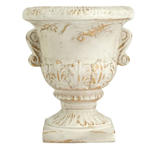 Elegant classical urn in antique marble finish, 24x24x27cm, crafted from durable magnesia and fiberglass for indoor/outdoor use.