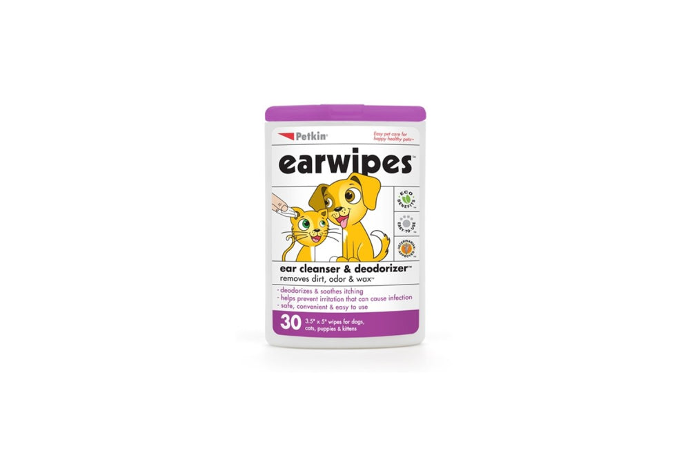 Petkin Ear Wipes 30pk for pets, cleans and deodorizes ears, soothes itching, prevents irritation, eco-friendly and vet-approved.