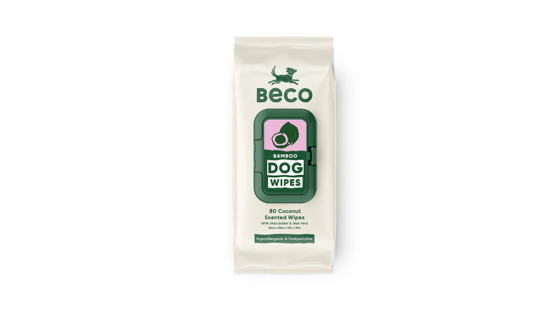 Coconut-scented biodegradable dog wipes with shea butter and aloe vera for gentle cleaning and shiny coats.