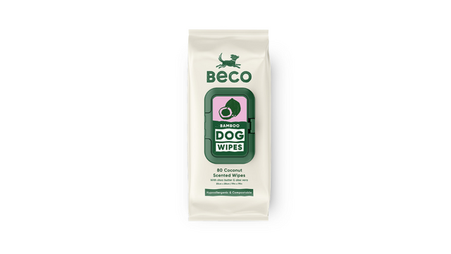 Coconut-scented biodegradable dog wipes with shea butter and aloe vera for gentle cleaning and shiny coats.