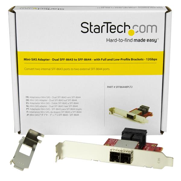 Mini-SAS Adapter converting 2 SFF-8643 to SFF-8644 ports, supporting up to 8 drives with full/low-profile brackets included.