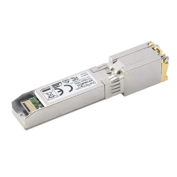 10GBASE-T MSA compliant SFP+ module with RJ45, supporting 10 Gbps over copper cabling up to 30m, featuring a lifetime warranty.