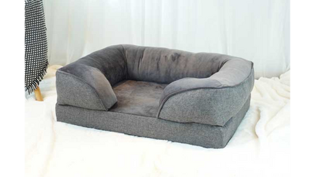 Orthopedic grey dog sofa bed, 120x89cm, features removable covers for comfort and cleanliness, relieving joint pain.