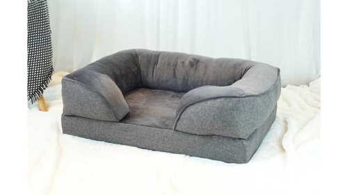 Orthopedic grey dog sofa bed, 120x89cm, features removable covers for comfort and cleanliness, relieving joint pain.