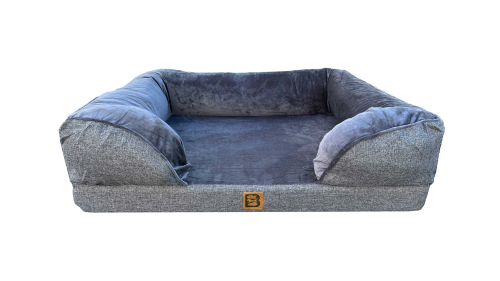 Grey orthopedic dog sofa bed (120 x 89cm) designed to relieve joint pain with removable, washable covers.