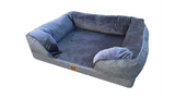 Grey orthopedic dog sofa bed (120 x 89cm) designed for joint pain relief and comfort, featuring removable covers.