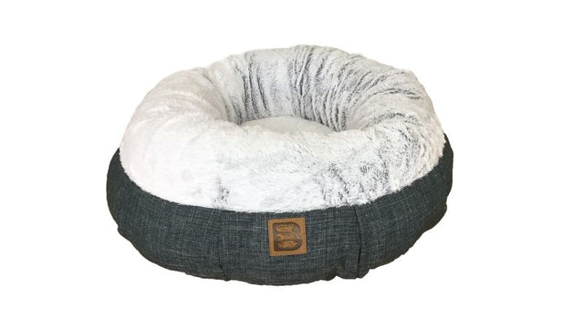 Round pouf bed with ultra plush sides, stylish denim base, removable cushion, and non-slip bottom, measuring 75cm.