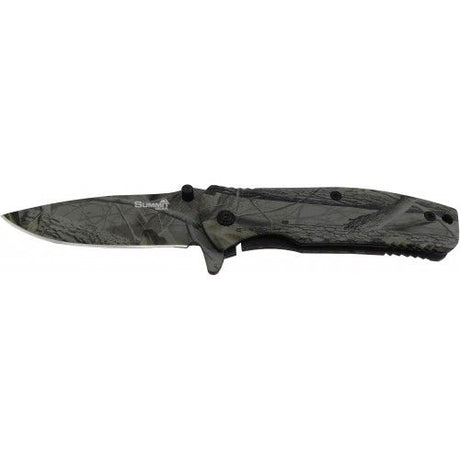 Camo Forest pocket knife with stainless steel blade, foldable design, and ergonomic grip for outdoor and everyday use.