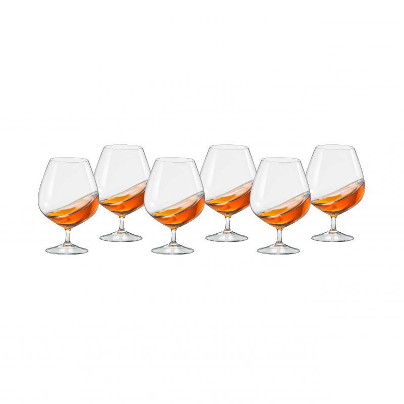 Set of 6 elegant lead-free crystal brandy glasses featuring a large bulbous bowl for enhanced aroma, perfect for fine spirits.