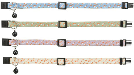 Elastic cat collar with toadstool print, safety clip, and adjustable webbing in various colors.