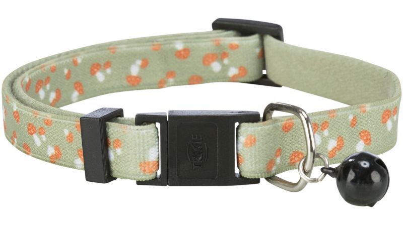 Elastic cat collar featuring a colorful toadstool print, safety snap clip, and adjustable webbing design.