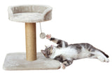 Light grey cat tree with plush cover, jute-wrapped scratching post, and a toy on a string. 46 cm tall.