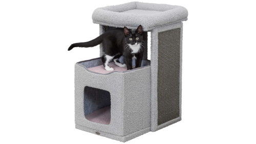 Junior Scratching Post - Carlita 63cm in grey and light, features sisal surface, plush teddy fabric, and a cozy cave for pets.