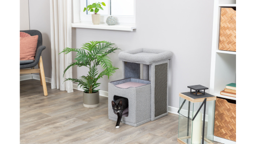 Junior Scratching Post - Carlita 63cm in grey/lilac, features sisal surface, cozy cave, and removable mat for small cats.