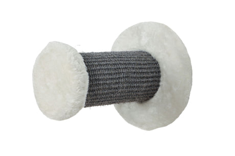 Wall-mounted cat climbing step in white and grey with plush cover and sisal scratching surface for active indoor play.