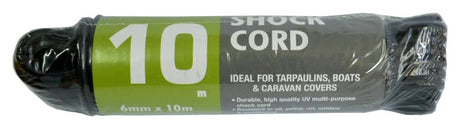Black 6mm x 10m Xcel Shockcord with elastic multi-strand core and durable polyester sheath for versatile tie-down use.