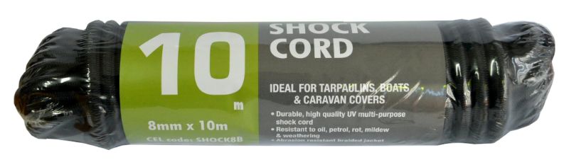 Durable black 8mm shock cord, 10m length, ideal for securing tarpaulins and equipment with exceptional stretch and strength.