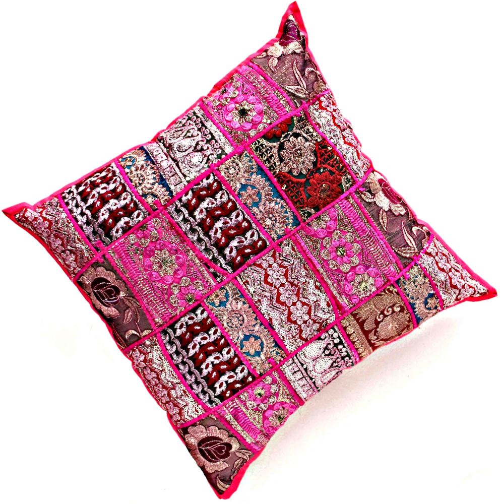 Cushion Cover Patchwork - Hand-Embroidered - Pink