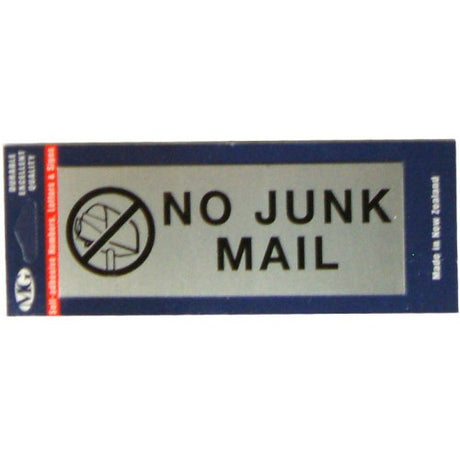 Self-adhesive aluminum "No Junk Mail" sign for mailboxes, enhancing curb appeal and reducing unwanted mail effectively.