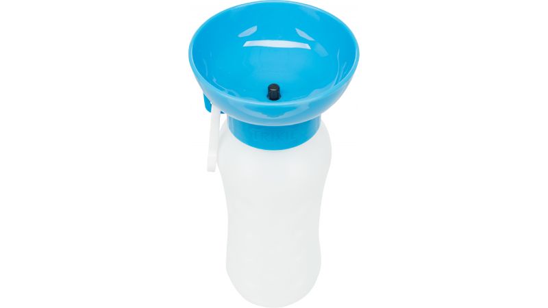 Portable 550ml dog water bottle with a bowl, featuring a press valve and hook for outdoor hydration on-the-go.