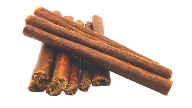 Dog food meat sticks, 15cm long, bulk pack of 50, made with flour, sheep lung, and possum meat.