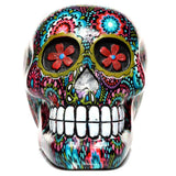 Vibrant Day of the Dead floral print skull ornament, 14.5 cm, crafted from durable resin for unique home decor.