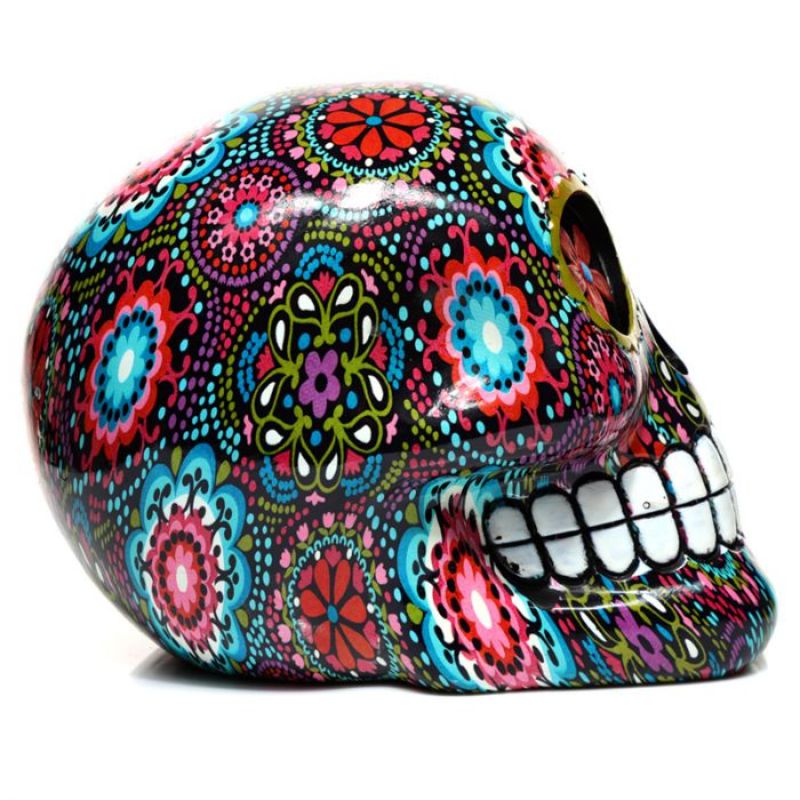 Colorful Day of the Dead floral print skull ornament in resin, measuring 14.5 cm, ideal for home decor and celebration.