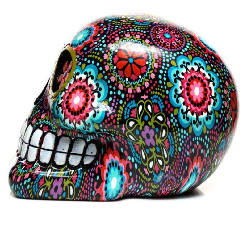 Vibrant Day of the Dead floral print skull ornament, 14.5 cm, showcasing intricate designs for colorful home decor.