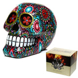 Vibrant Day of the Dead floral print skull ornament in resin, celebrating culture and artistry, perfect for home decor.