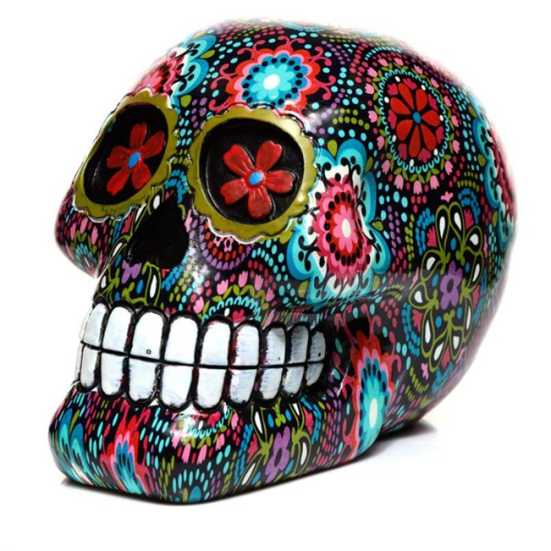 Vibrant Day of the Dead Floral Print Skull ornament, 14.5 cm, showcasing intricate designs in durable resin.