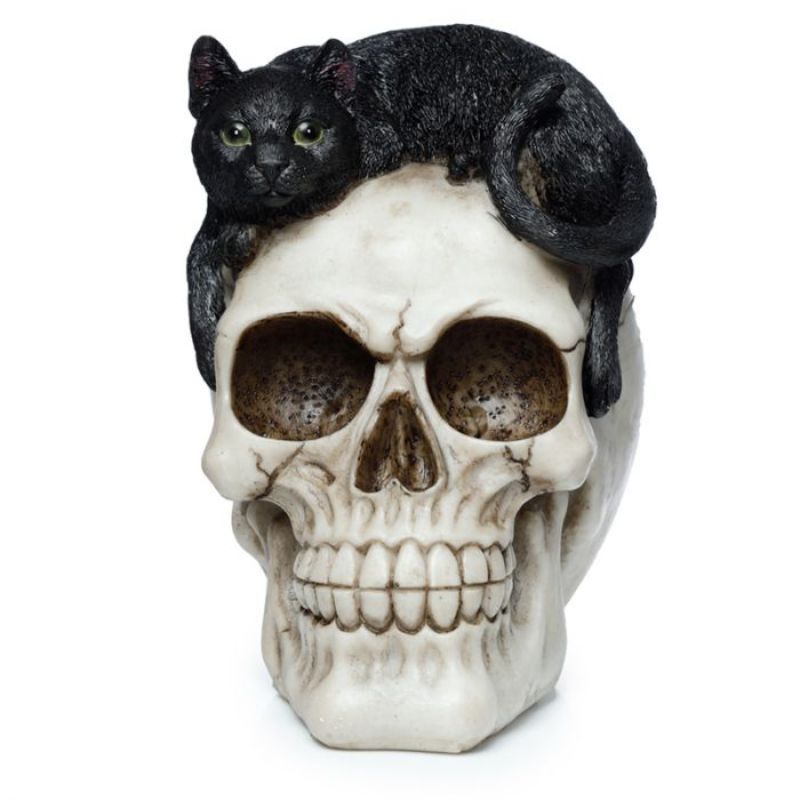 Gothic skull ornament featuring a black cat, perfect for Halloween decor, intricately designed and 15cm tall.