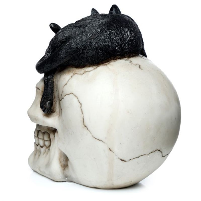 Gothic 15cm skull ornament with a black cat, perfect for Halloween decor and unique home accents.