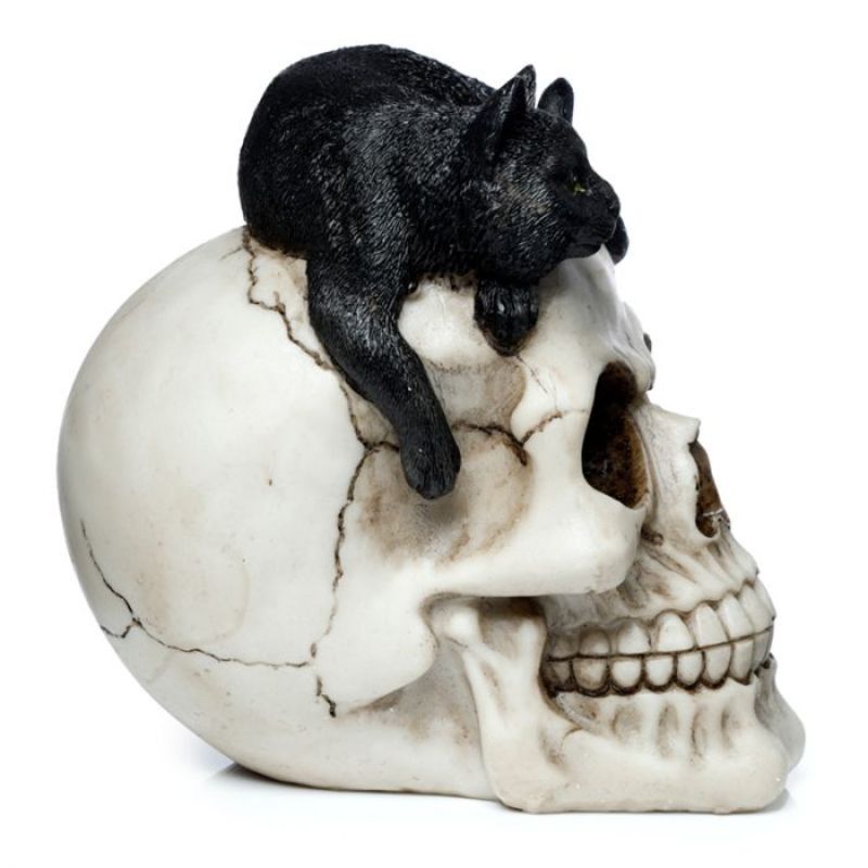 Gothic Skull with Black Cat ornament, 15cm tall, detailed spooky decor for Halloween and unique home accents.