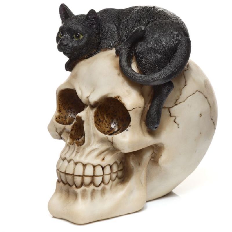 Gothic 15cm skull ornament featuring an intricate black cat, perfect for Halloween decor and spooky accents.