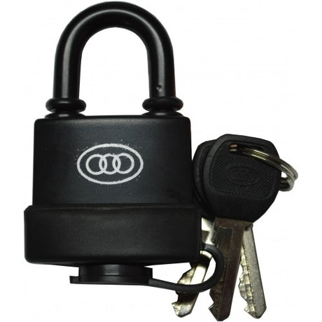 Waterproof padlock case by Tri Circle, 38mm body, dual keys, durable ABS material for secure storage in adverse conditions.