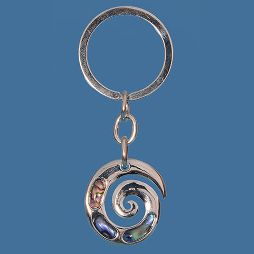 Paua Koru Keyring featuring vibrant shell design, symbolizing growth and new beginnings, beautifully presented on a pendant card.