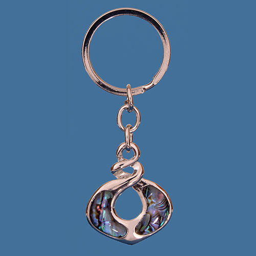 Paua Double Twist Keyring featuring vibrant Paua shell inlay, symbolizing connections and life's journey, elegantly presented.