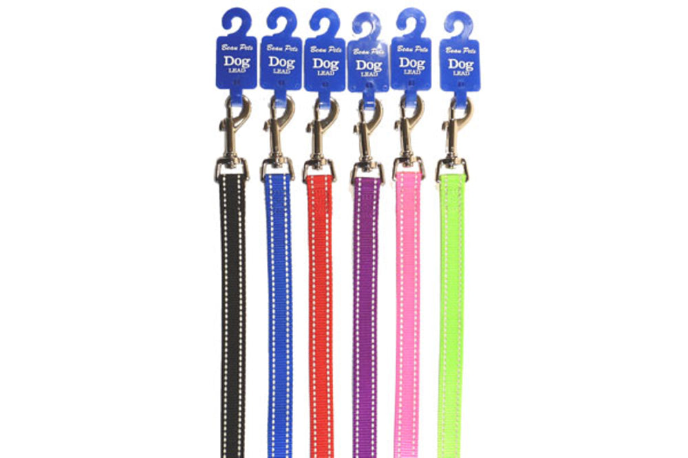 Blue dog lead with reflective thread, 15mm wide and 1.2m long, ensuring style and safety during walks in low light.