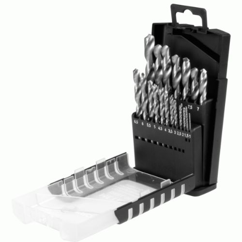 19-piece HSS twist drill set in a metal case, perfect for precise drilling in steel, metal, wood, and plastic.