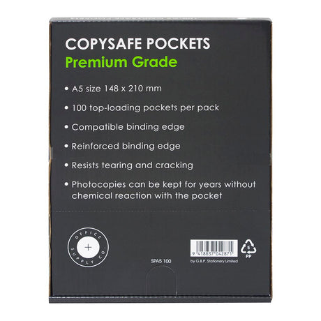 Premium A5 Copysafe pockets pack of 100, acid-free, tear-resistant, compatible with A5 ringbinders.