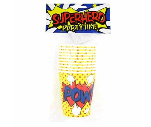 Colorful "Superhero" birthday cups, perfect for kids' parties, featuring vibrant graphics and 60 sturdy disposable cups.