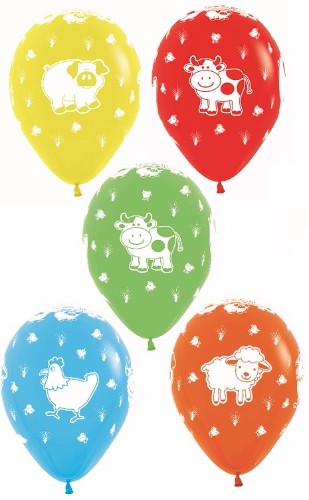 Colorful pack of 12 farm animals latex balloons, perfect for parties, featuring cheerful designs and durable helium-quality material.