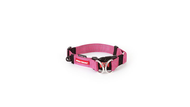 Pink EzyDog Double Up Collar in size M features double D-Rings for security, soft touch webbing, and reflective stitching for safety.