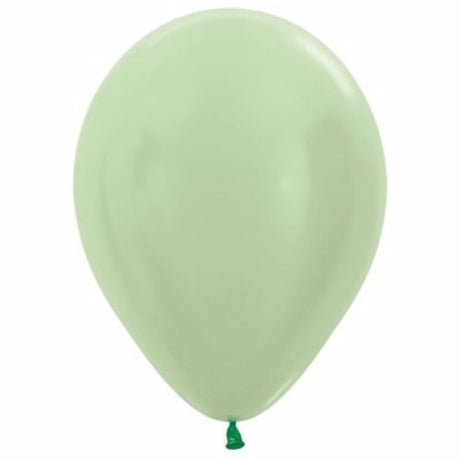 Pack of 50 elegant 12cm pearl satin green latex balloons, perfect for enhancing any celebration or event.