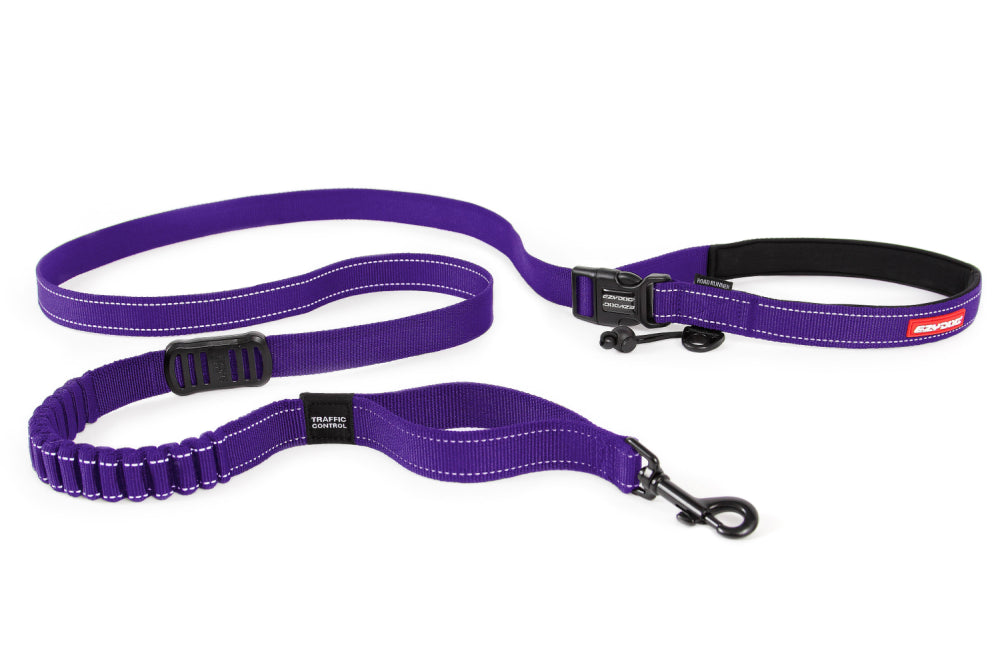 EzyDog Road Runner Leash in purple, 2.1m long, features Soft Touch webbing, Zero Shock Technology, and hands-free design options.