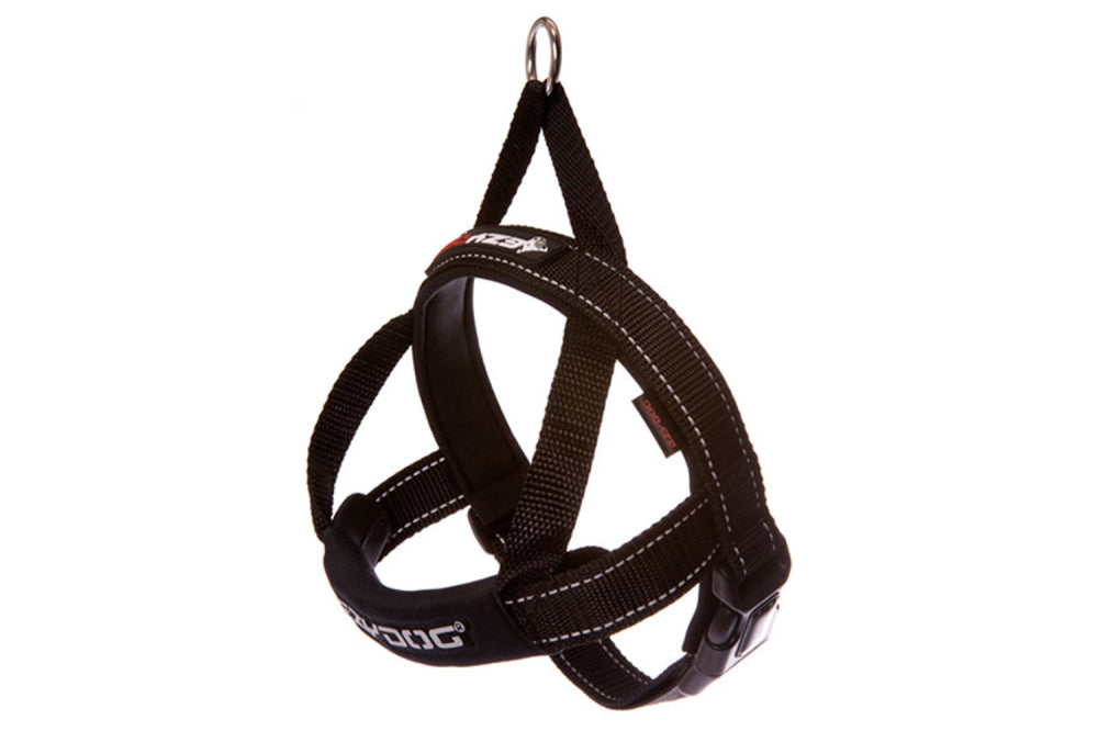 EzyDog Quick Fit Harness in black, size XS, features neoprene strap, reflective stitching, and easy one-click buckle.