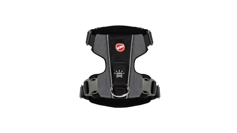 Black ED X-Link Large Dog Harness with front and rear leash clips, elastic girth strap, and reflective piping for safety.