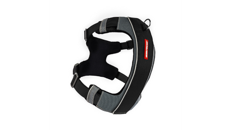 Large black dog harness featuring front and rear leash attachments, ergonomic design, and reflective piping for safety.