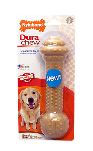 Nylabone Dura Chew Barbell in Peanut Butter flavor, designed for powerful chewers, cleans teeth and discourages destructive chewing.